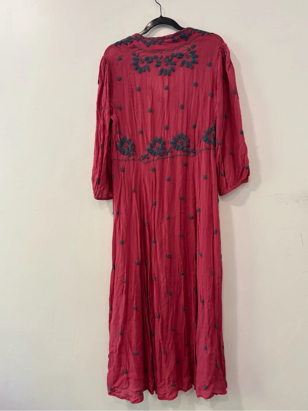 Free People Embroidered Fable Midi Dusty Rose Blue Boho Dress Size L